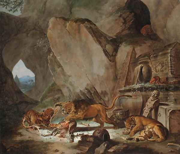 A lion and a tiger fighting over a fallen stag before a classical sarcophagus in a cave, a landscape with a pyramid beyond Oil Painting by Carl Borromaus Andreas Ruthart