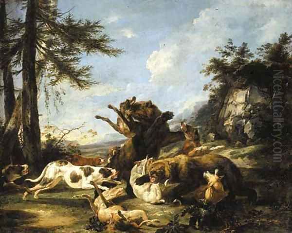 Bears and hounds fighting in a landscape Oil Painting by Carl Borromaus Andreas Ruthart