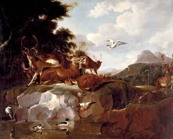 Deer, ducks, a rabbit, a spoonbill and other animals in a landscape Oil Painting by Carl Borromaus Andreas Ruthart