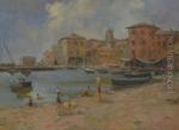 Marina Con Barche E Bagnanti Oil Painting by Giuseppe Pennasilico