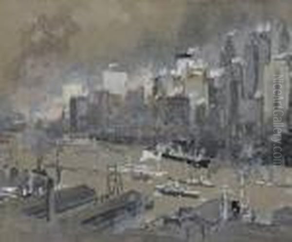 View Of New York From Brooklyn Oil Painting by Joseph Pennell