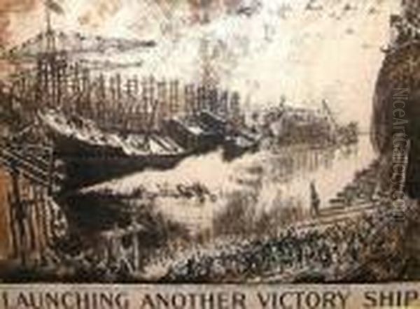 Launching Anothervictory Oil Painting by Joseph Pennell