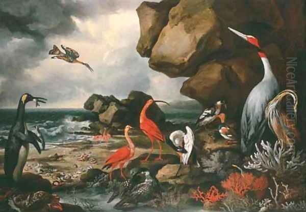 A penguin, a pair of flamingoes and other exotic birds, shells and coral on the shoreline Oil Painting by Philip Reinagle