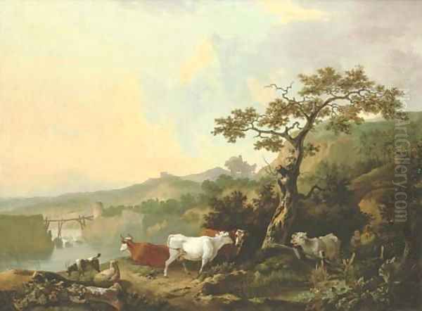 A river landscape with livestock and a rustic couple, a wagon on the road beyond Oil Painting by Philip Reinagle