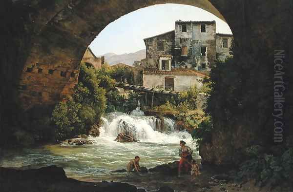 Under the arch of a bridge in Italy, 1822 Oil Painting by Josef Rebell