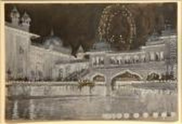 Central Court, Indiana Pavilion, World's Fair Oil Painting by Joseph Pennell