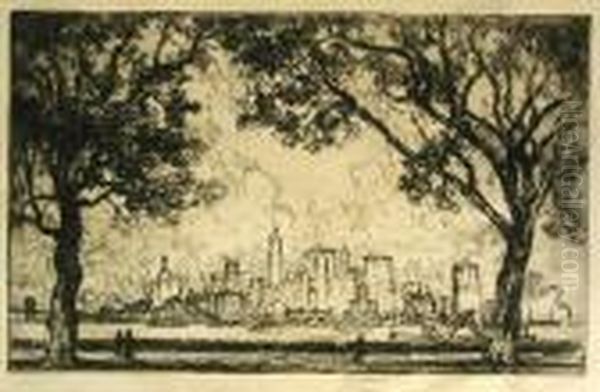 New York From Governor's Island Oil Painting by Joseph Pennell