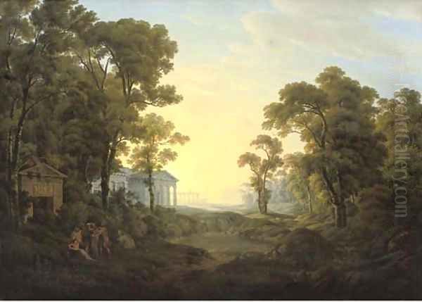 A wooded landscape with figures in ancient dress by a classical temple, other classical buildings beyond Oil Painting by Josef Rebell