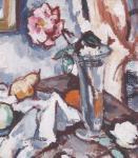 Pink Rose In Glass Vase With Fruit Oil Painting by Samuel John Peploe