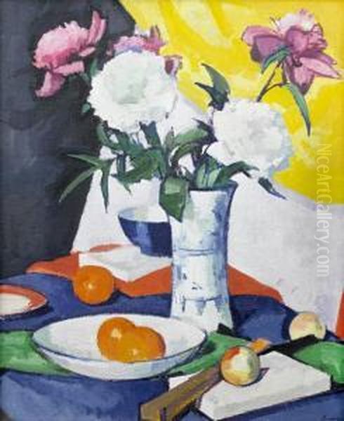 Flowers And Fruit Oil Painting by Samuel John Peploe