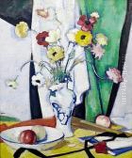 Still Life With Flowers, Fruit And Fan Oil Painting by Samuel John Peploe