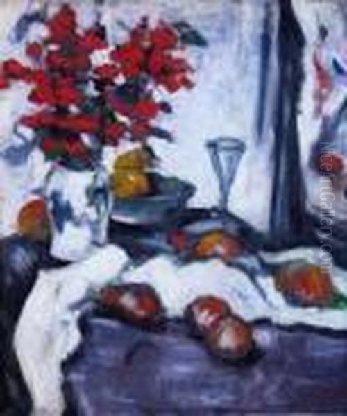 Stilllife With Vase Of Flowers And Fruit Oil Painting by Samuel John Peploe