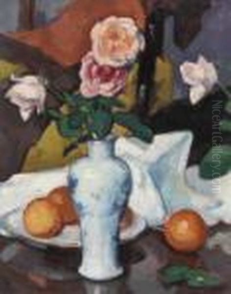 Roses In A Vase With Oranges And A White Tablecloth Oil Painting by Samuel John Peploe