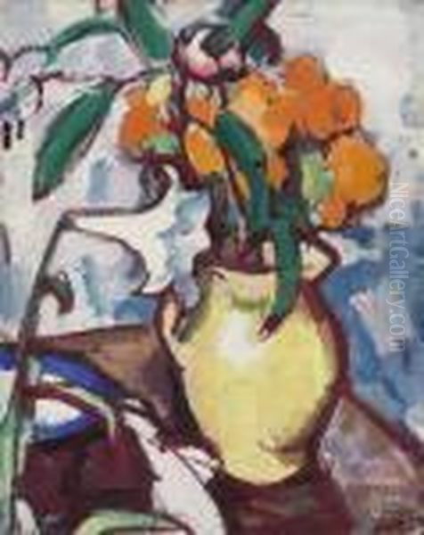 Marigolds In A Jug Oil Painting by Samuel John Peploe