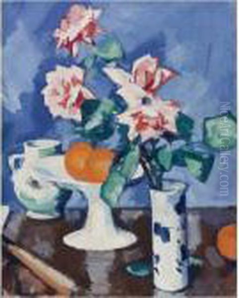 Still With Pink Roses In A Blue And White Vase With Oranges Andjug Oil Painting by Samuel John Peploe