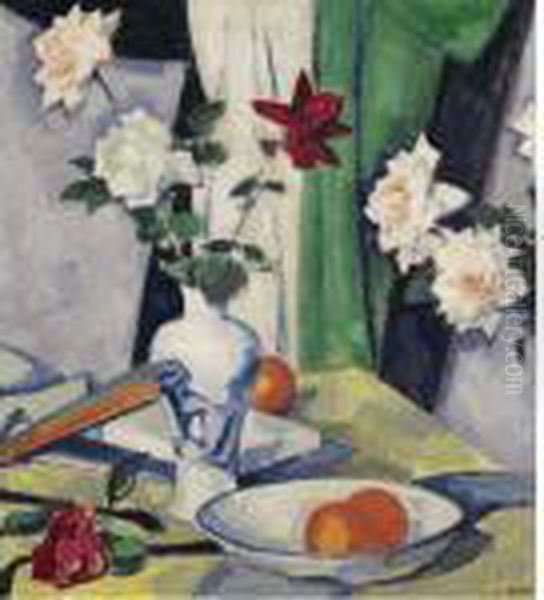 Still Life Of Roses In A Blue And White Vase Oil Painting by Samuel John Peploe