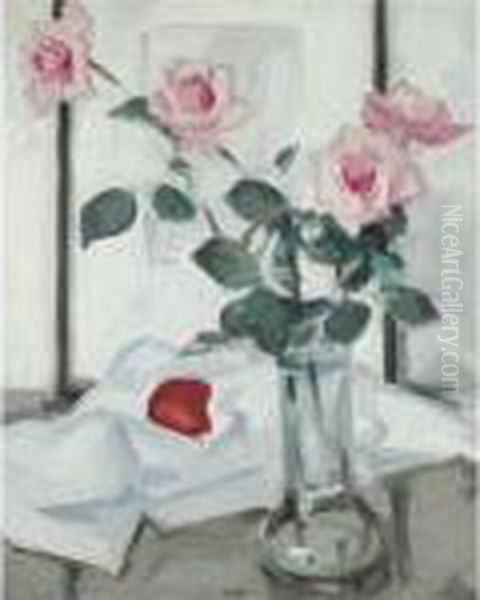 Still Life Of Pink Roses In A Glass Vase Oil Painting by Samuel John Peploe