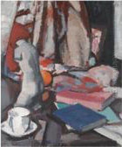 Still Life With Statuette And Books Oil Painting by Samuel John Peploe