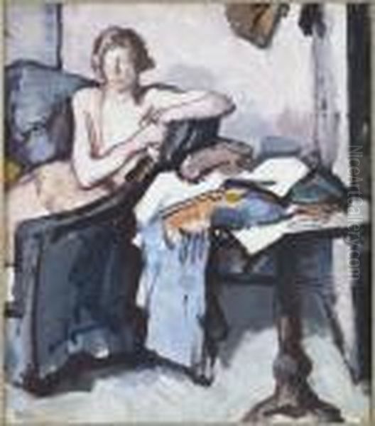 In The Studio - Model Reading Oil Painting by Samuel John Peploe