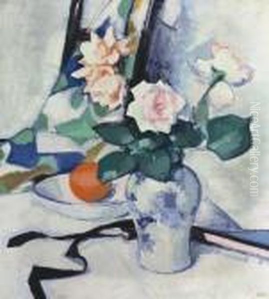 Still Life With Pink Roses Oil Painting by Samuel John Peploe