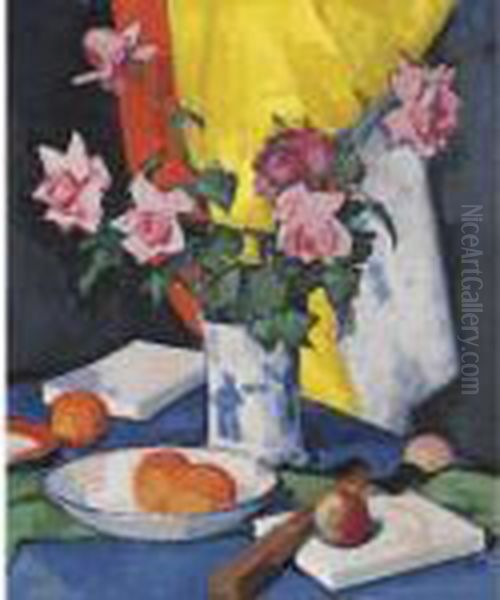 Red And Pink Roses, Oranges And Fan Oil Painting by Samuel John Peploe