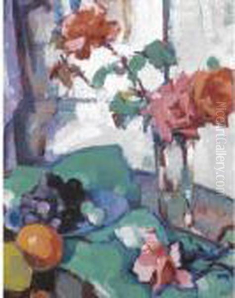 Still Life Of Roses With A Green Tablecloth Oil Painting by Samuel John Peploe