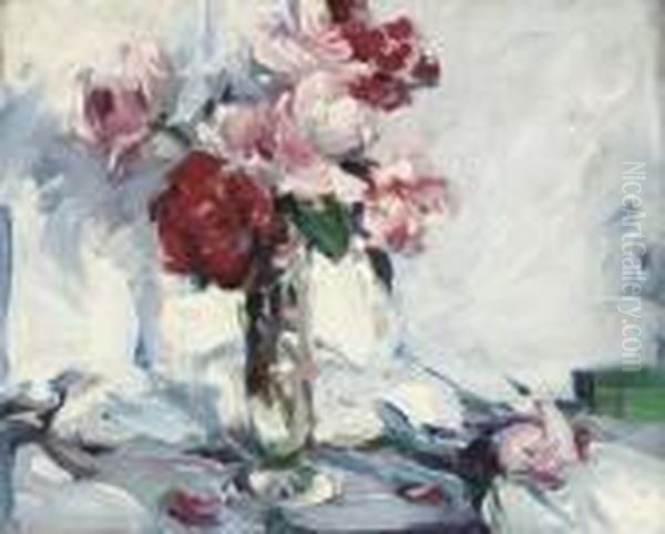 Pink And Red Roses In A Vase Oil Painting by Samuel John Peploe