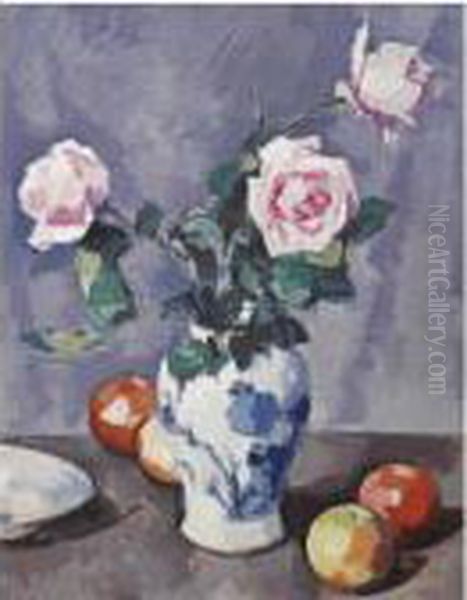 Still Life With Pink Roses Oil Painting by Samuel John Peploe