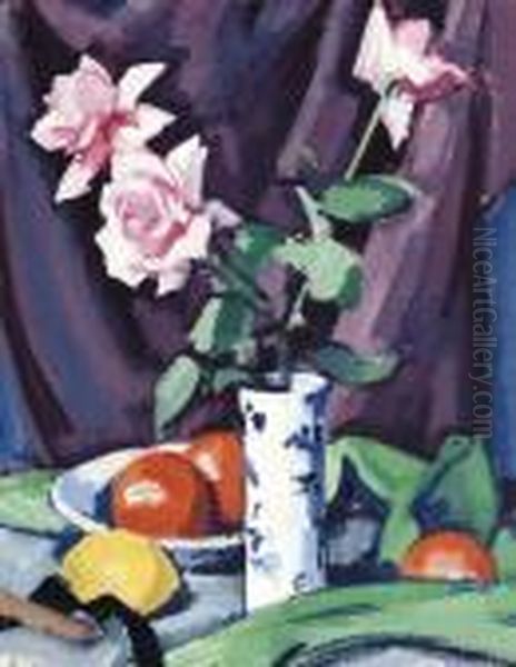 Three Pink Roses In A Blue Vase With Fruit Oil Painting by Samuel John Peploe