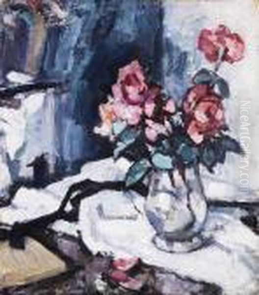 Roses In A Glass Vase Oil Painting by Samuel John Peploe