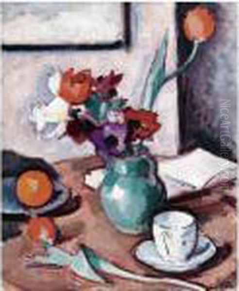 Flowers In Green Vase Oil Painting by Samuel John Peploe