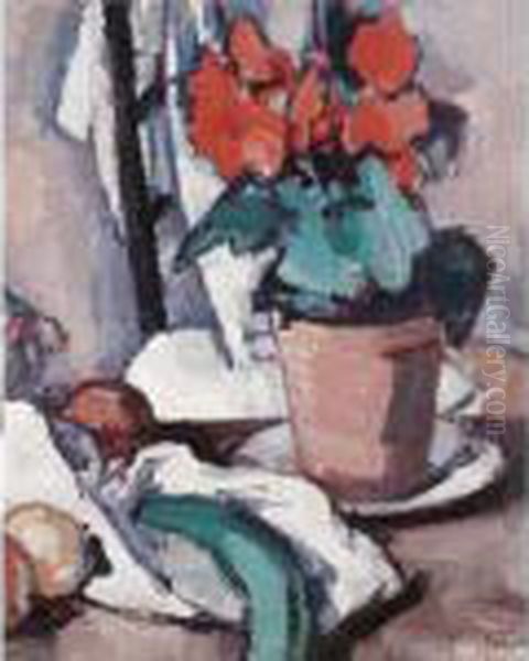 Still Life With Geraniums Oil Painting by Samuel John Peploe