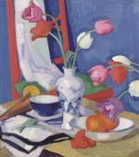 Red Chair And Tulips Oil Painting by Samuel John Peploe