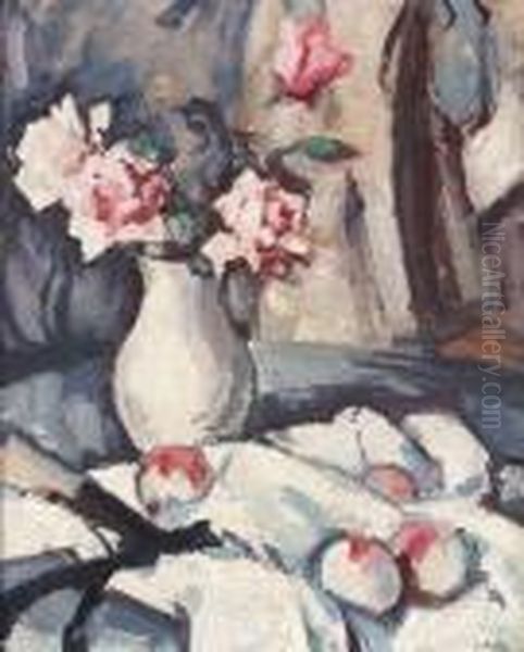 A Still Life Of Apples And Pink Roses Oil Painting by Samuel John Peploe