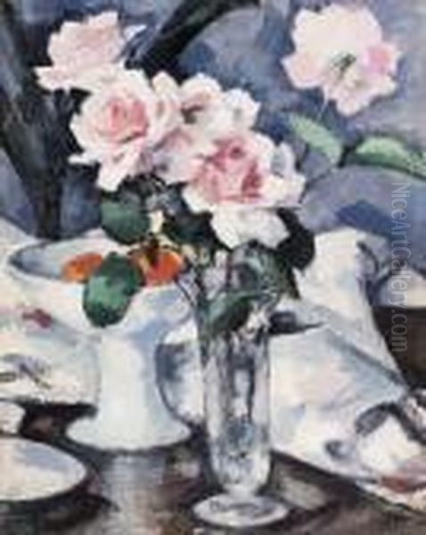 Pink Roses In A Glass Vase Oil Painting by Samuel John Peploe