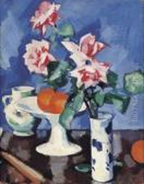 Pink Roses In A Blue And White Vase With Oranges And A Jug Oil Painting by Samuel John Peploe