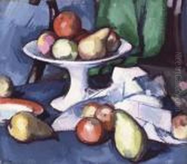 Still Life With Fruit Against A Blue Background Oil Painting by Samuel John Peploe