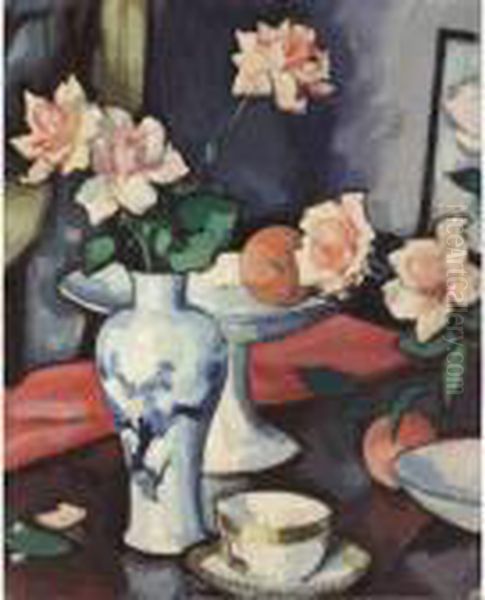 Still Life With Roses In A Chinese Vase Oil Painting by Samuel John Peploe