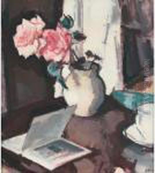 Pink Roses And An Open Book Oil Painting by Samuel John Peploe