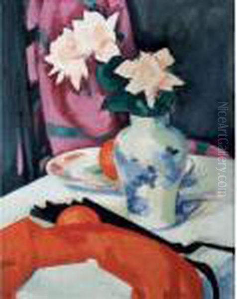 Still Life Of Pink Roses And A Blue And White Vase Oil Painting by Samuel John Peploe