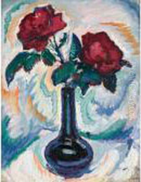 Red Roses In A Blue Vase Oil Painting by Samuel John Peploe