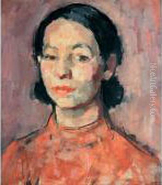 The Pink Dress, Study Of A Burmese Girl Oil Painting by Samuel John Peploe