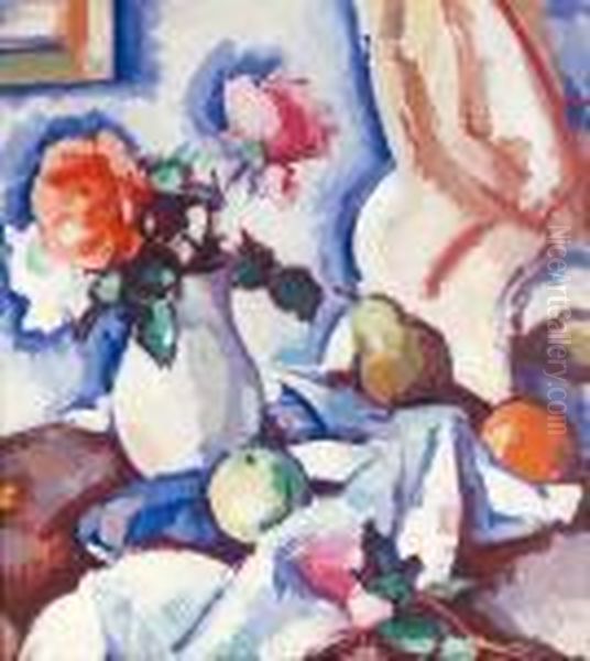 Roses In A White Vase With Fruit Oil Painting by Samuel John Peploe