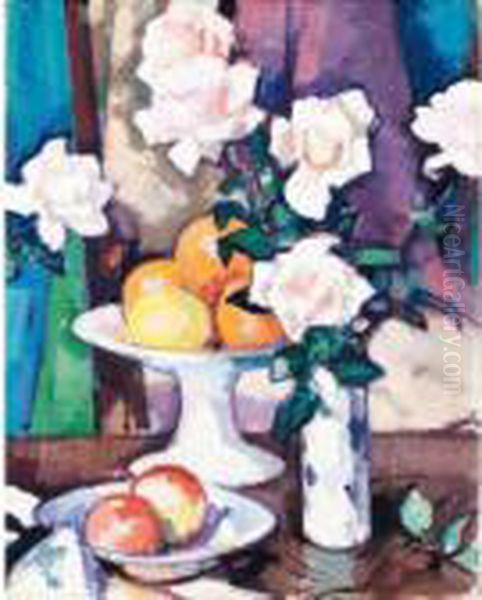 Still Life With Pink Roses And Oranges Oil Painting by Samuel John Peploe