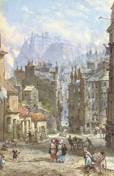 View of the half moon battery of Edinburgh Castle from Candlemaker Row Oil Painting by Louise Rayner