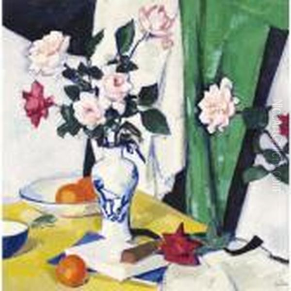 Still Life Of Pink And Red Roses In A Chinese Vase Oil Painting by Samuel John Peploe