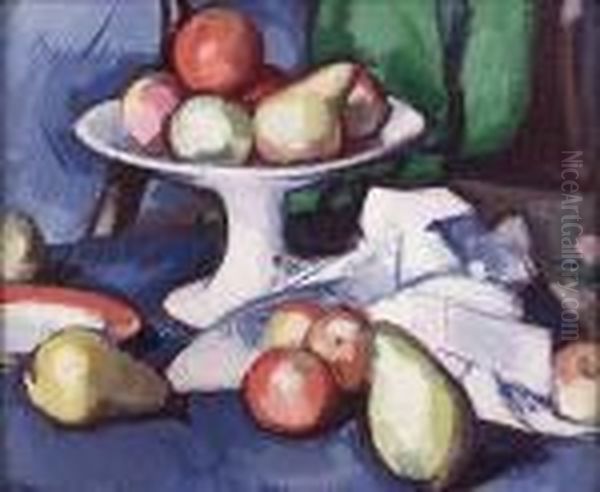 Still Life Of Fruit, Comport And Pink Rose Oil Painting by Samuel John Peploe