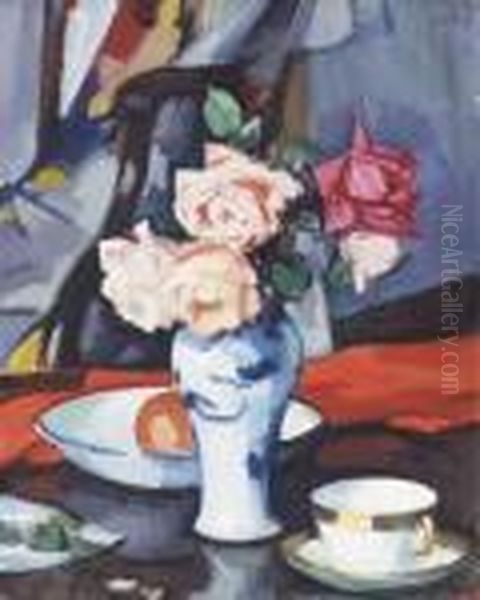 Roses In A Chinese Vase Oil Painting by Samuel John Peploe