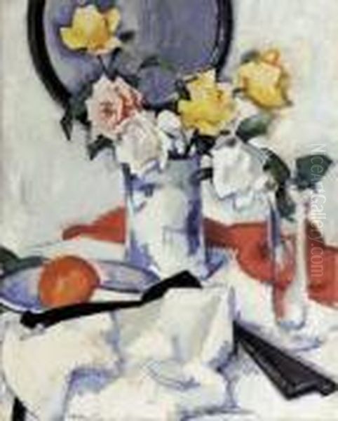 Roses In A Blue And White Vase Oil Painting by Samuel John Peploe