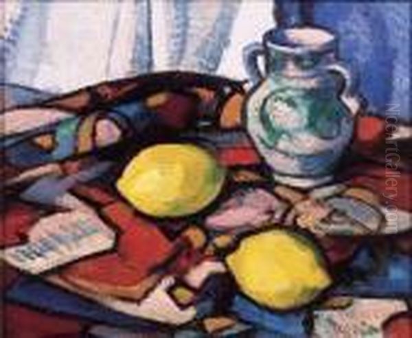 Lemons And A Pottery Vase On A Draped Table Oil Painting by Samuel John Peploe